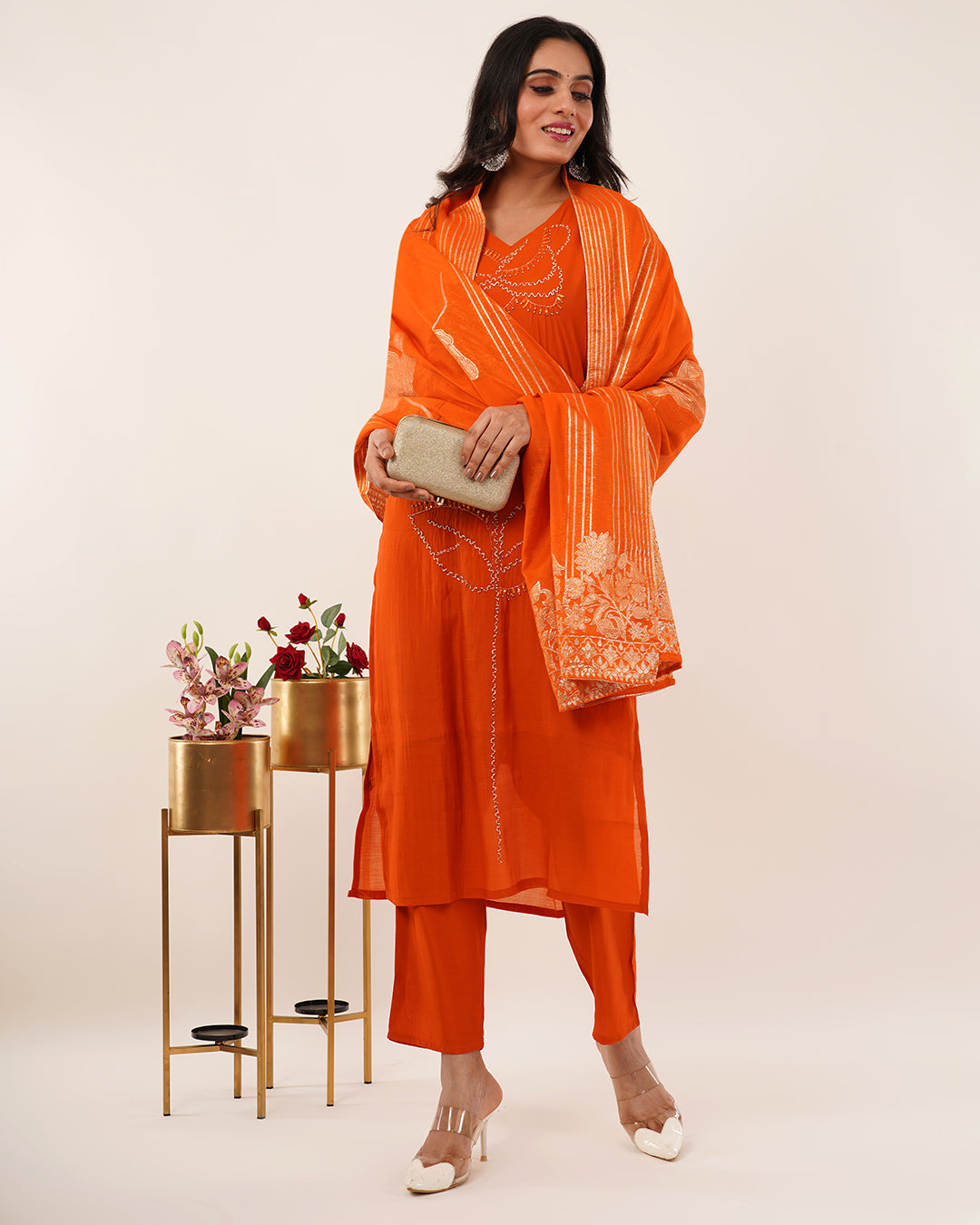 Rust-Orange Hand-Embellished Kurta Set with Banarsi Dupatta