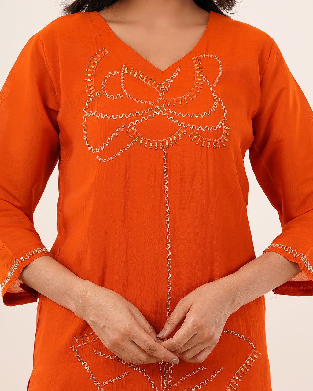 Rust-Orange Hand-Embellished Kurta Set with Banarsi Dupatta