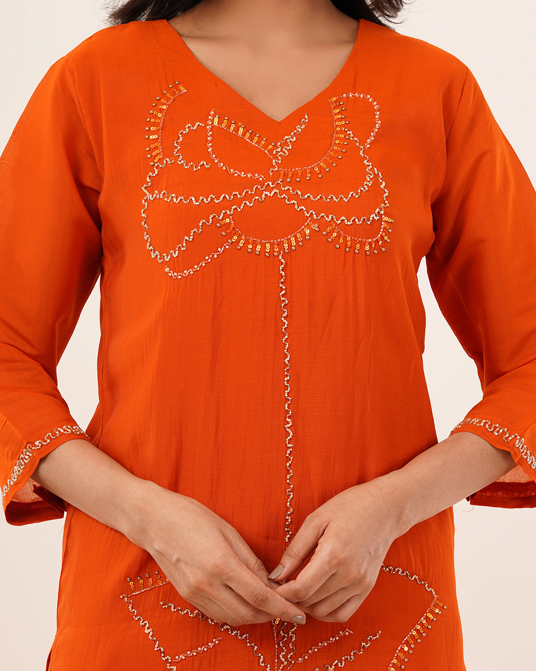 Rust-Orange Hand-Embellished Kurta Set with Banarsi Dupatta