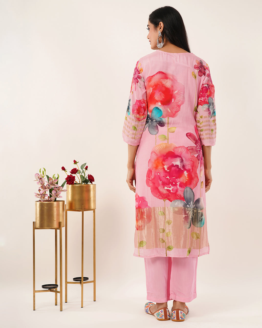 Pink Watercolor Floral Printed Kurta Set with Flowing Dupatta