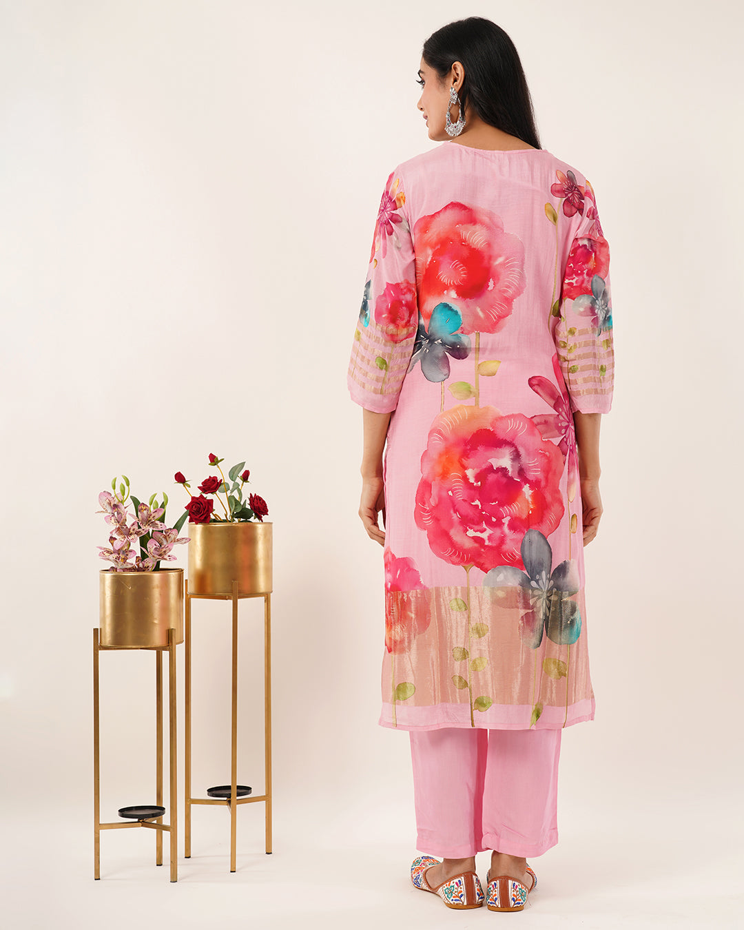 Pink Watercolor Floral Printed Kurta Set with Flowing Dupatta