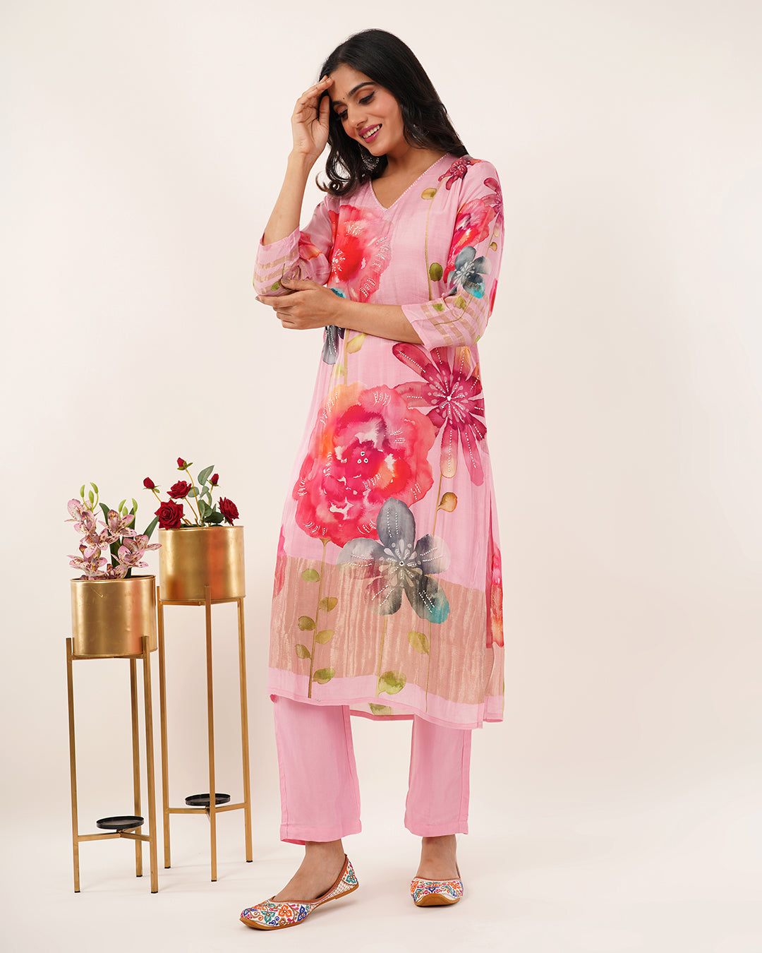 Pink Watercolor Floral Printed Kurta Set with Flowing Dupatta