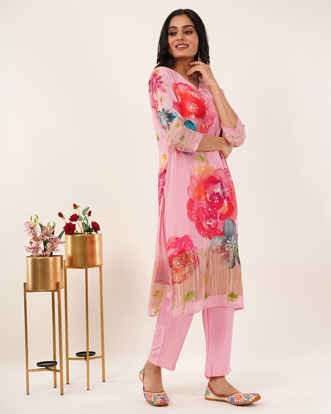 Pink Watercolor Floral Printed Kurta Set with Flowing Dupatta