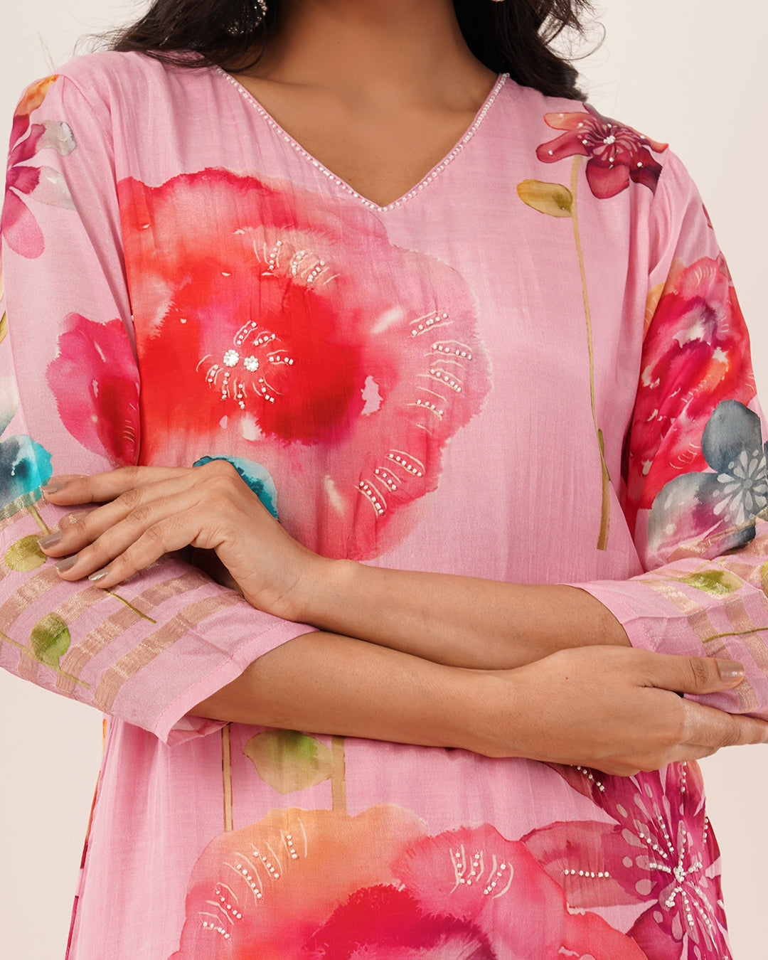 Pink Watercolor Floral Printed Kurta Set with Flowing Dupatta