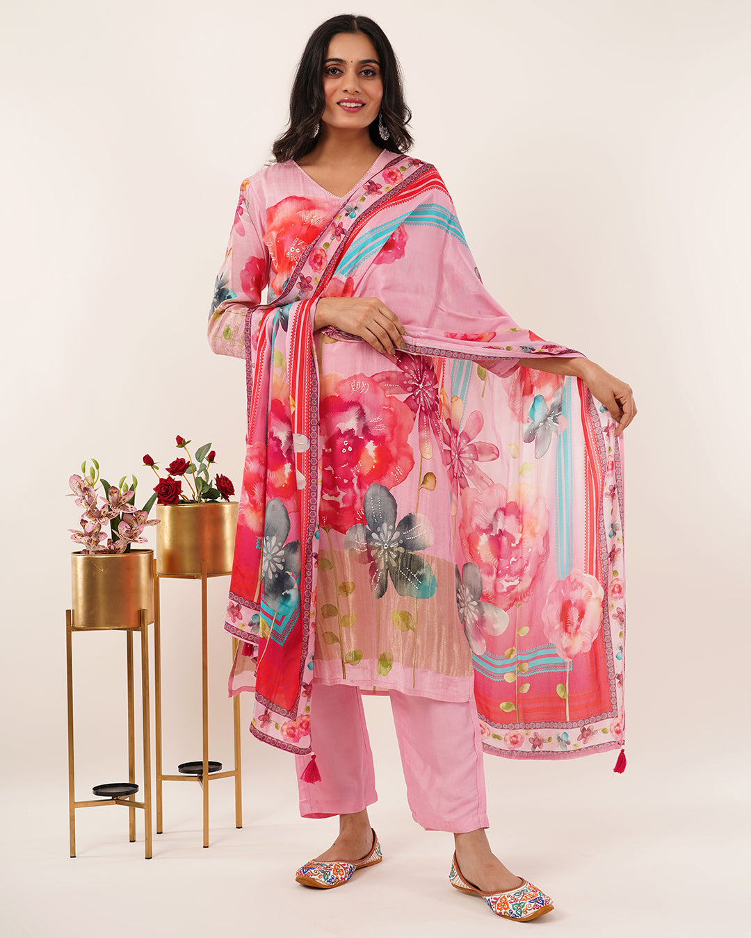 Pink Watercolor Floral Printed Kurta Set with Flowing Dupatta