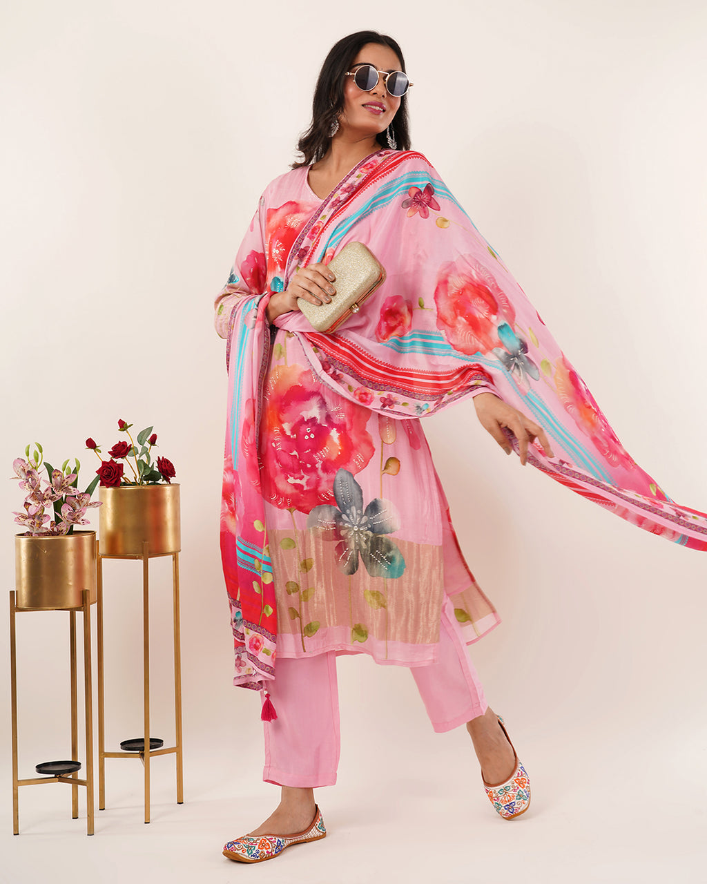 Pink Watercolor Floral Printed Kurta Set with Flowing Dupatta