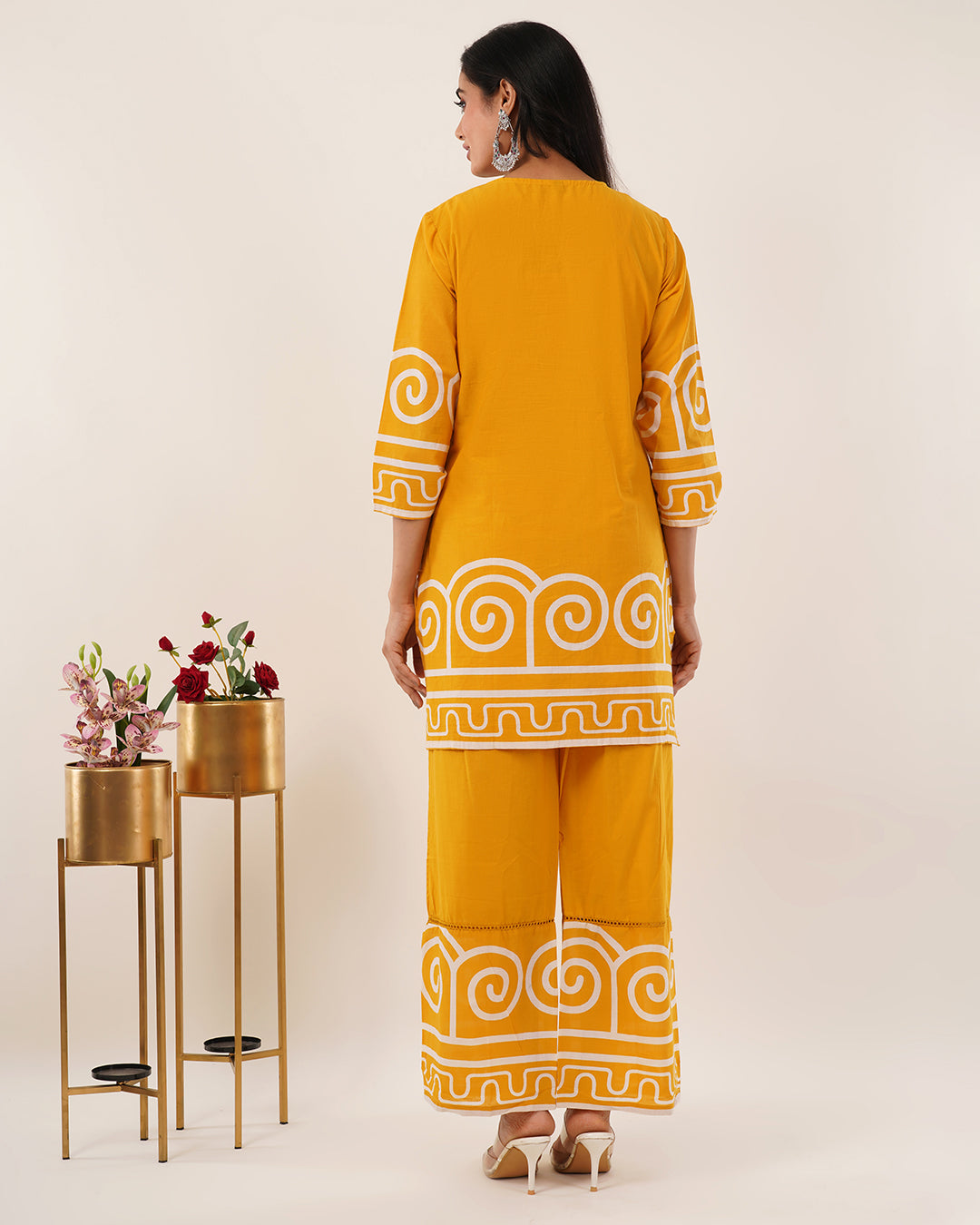 Ochre Yellow Geometric Printed Co-ord Set with Contemporary Detailing
