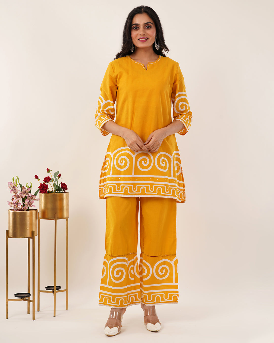 Ochre Yellow Geometric Printed Co-ord Set with Contemporary Detailing