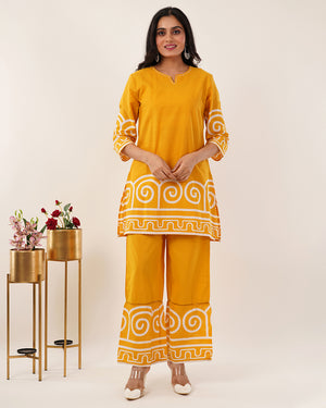 Ochre Yellow Geometric Printed Co-ord Set with Contemporary Detailing