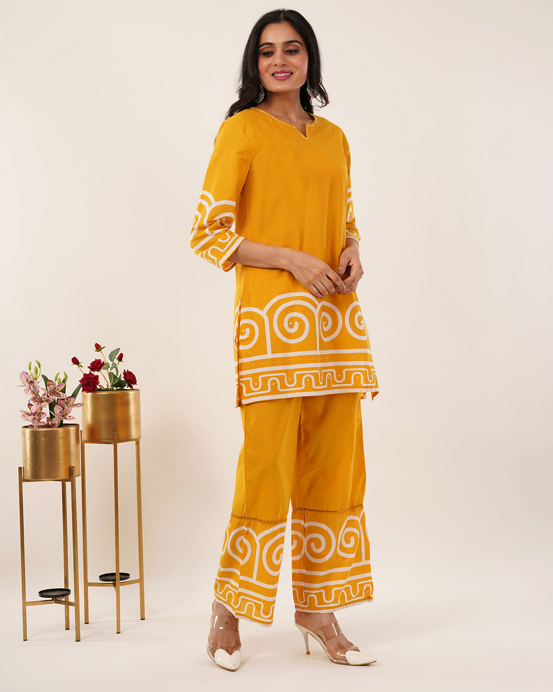 Ochre Yellow Geometric Printed Co-ord Set with Contemporary Detailing