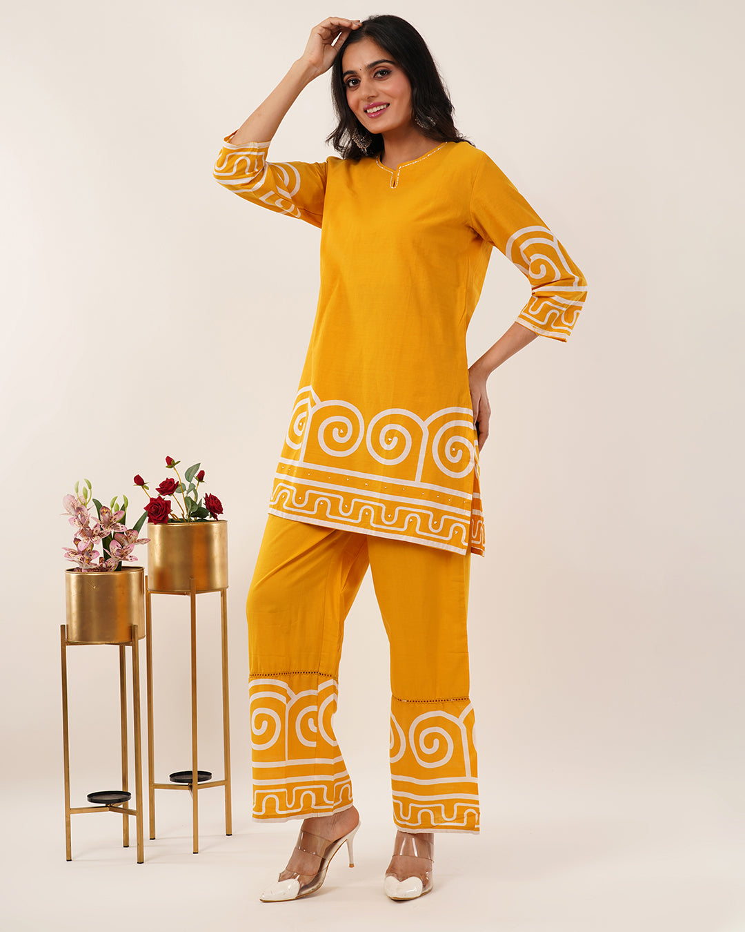 Ochre Yellow Geometric Printed Co-ord Set with Contemporary Detailing