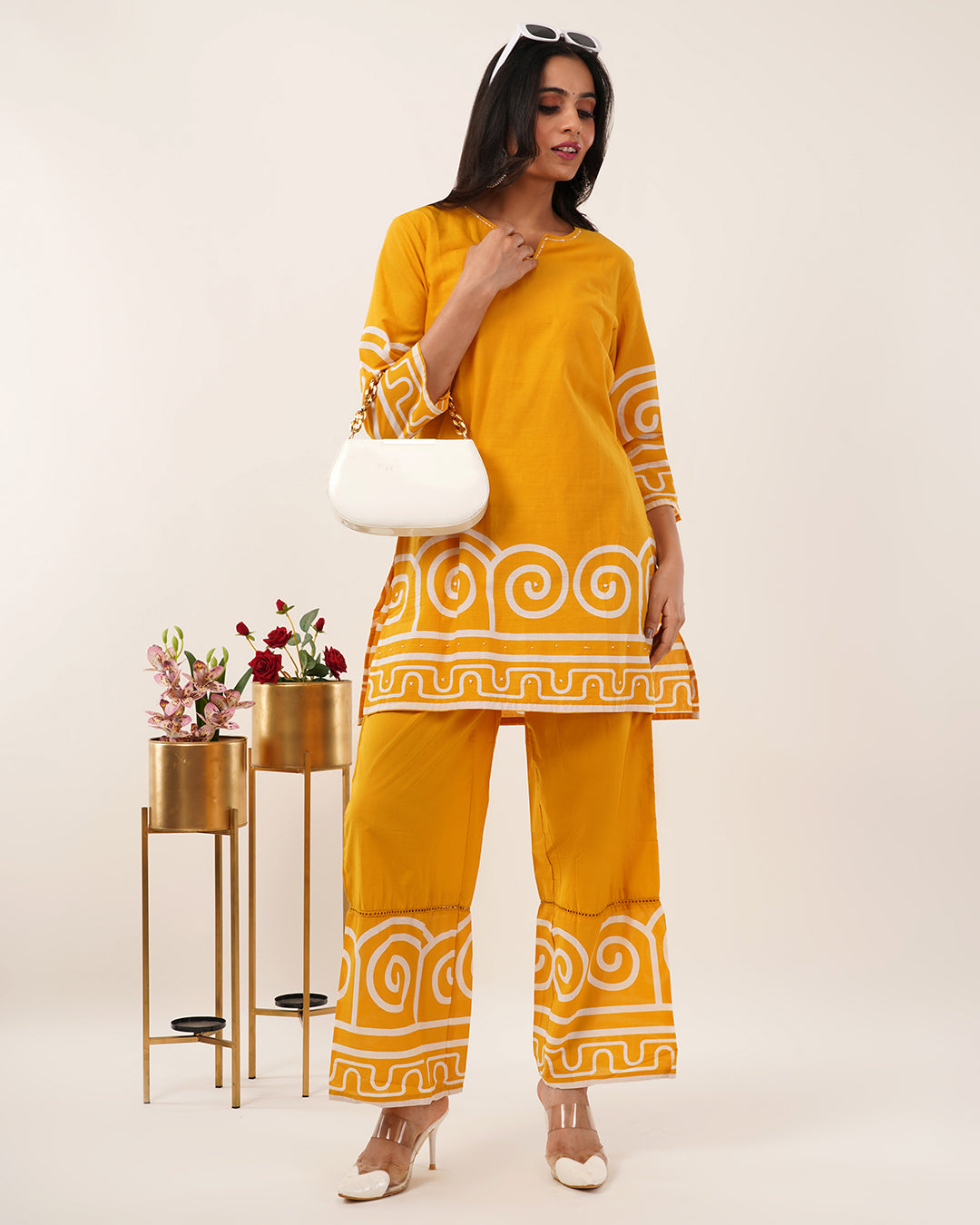 Ochre Yellow Geometric Printed Co-ord Set with Contemporary Detailing