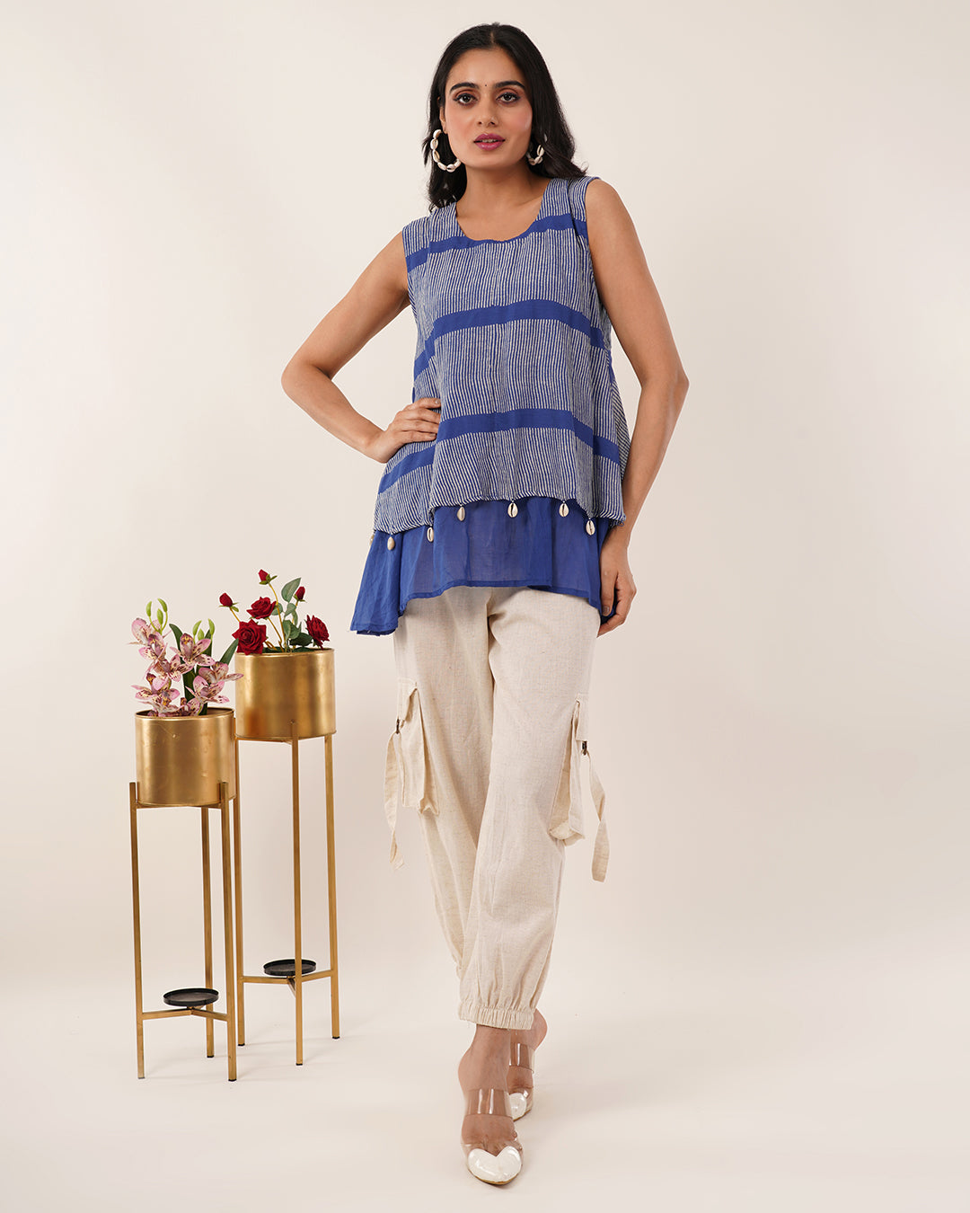 Royal Blue & Beige 3-Piece Cotton Co-ord Set with Geometric Off-White Print