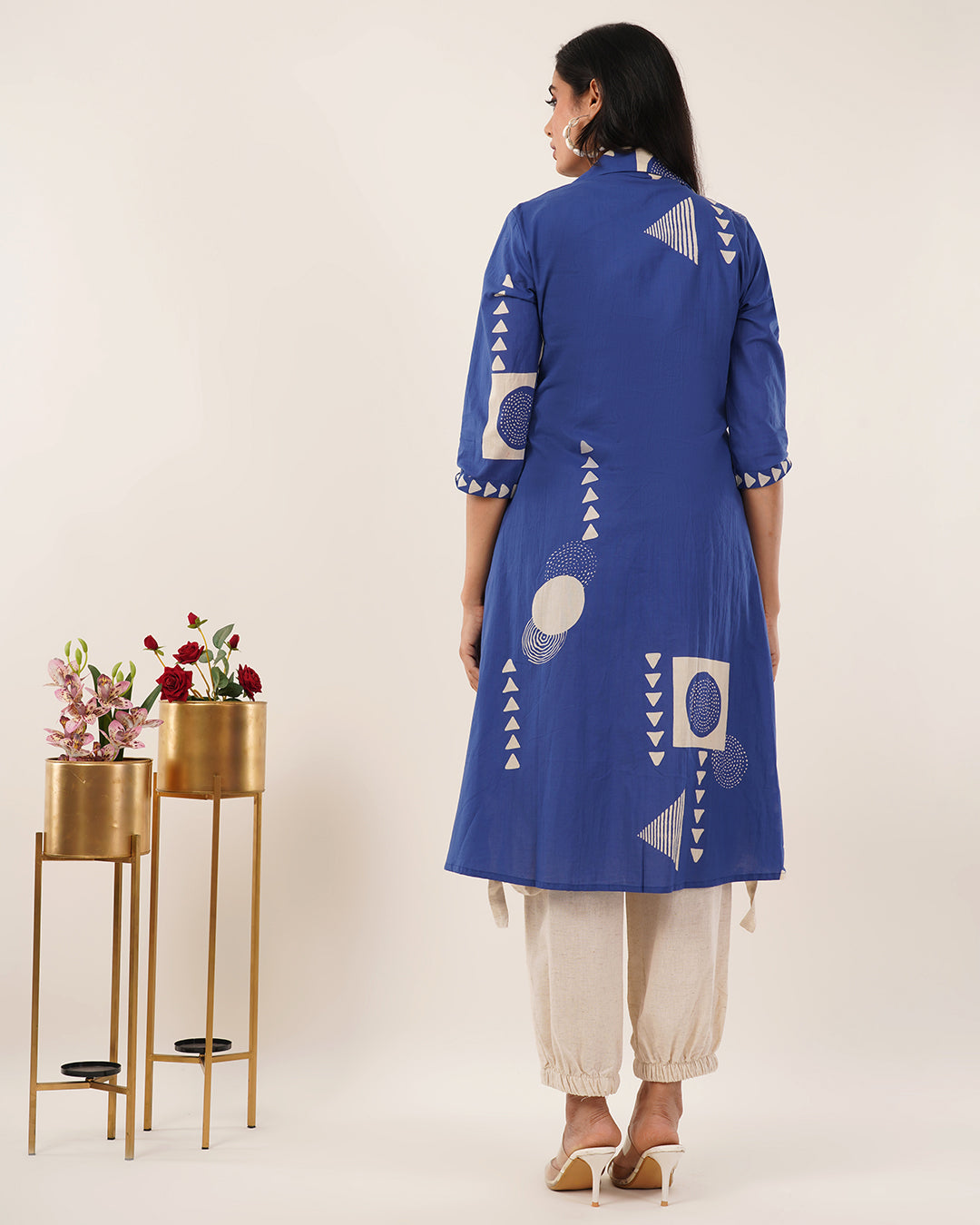 Royal Blue & Beige 3-Piece Cotton Co-ord Set with Geometric Off-White Print