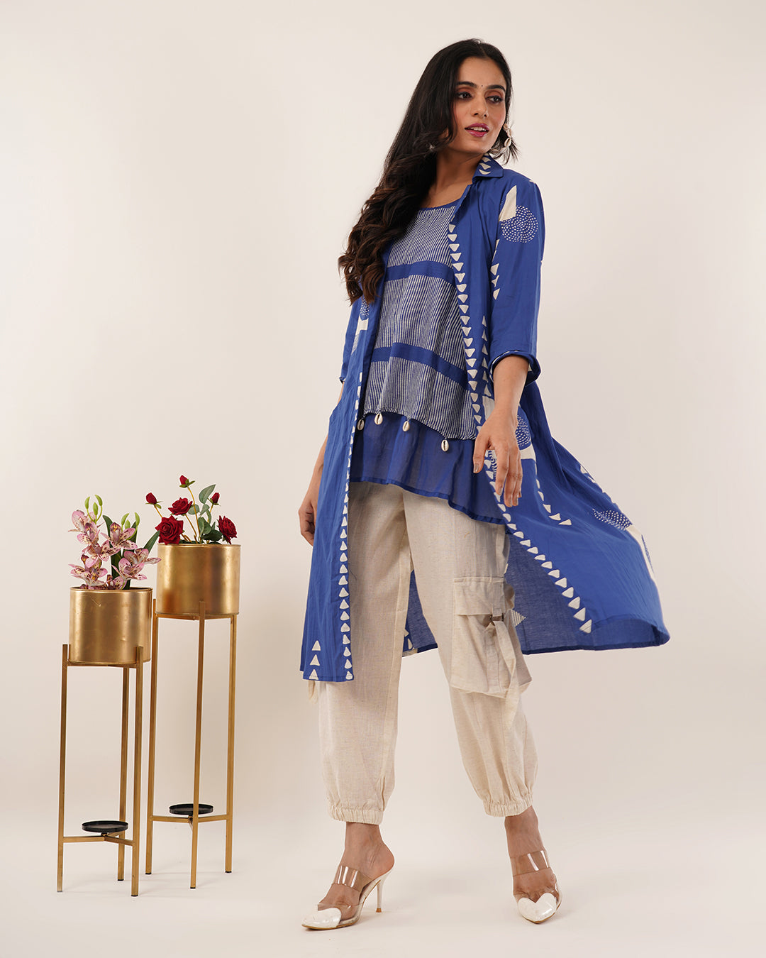 Royal Blue & Beige 3-Piece Cotton Co-ord Set with Geometric Off-White Print