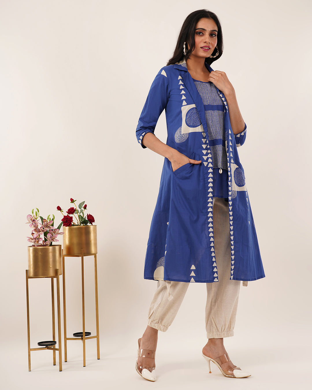 Royal Blue & Beige 3-Piece Cotton Co-ord Set with Geometric Off-White Print