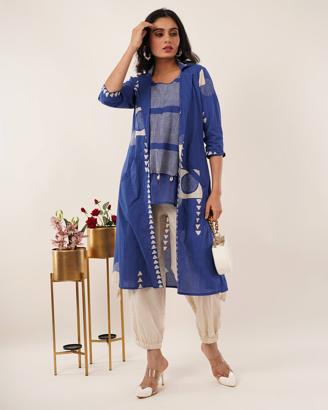 Royal Blue & Beige 3-Piece Cotton Co-ord Set with Geometric Off-White Print