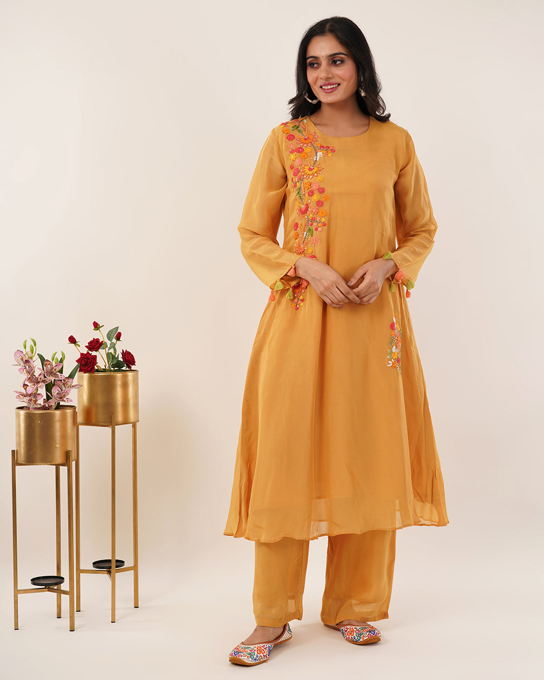 Mustard Yellow Floral Embroidered 2Pcs Kurta Set