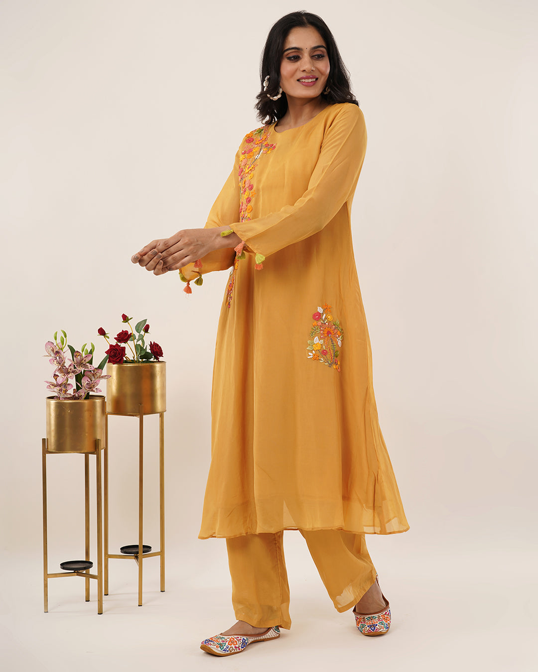 Mustard Yellow Floral Embroidered 2Pcs Kurta Set