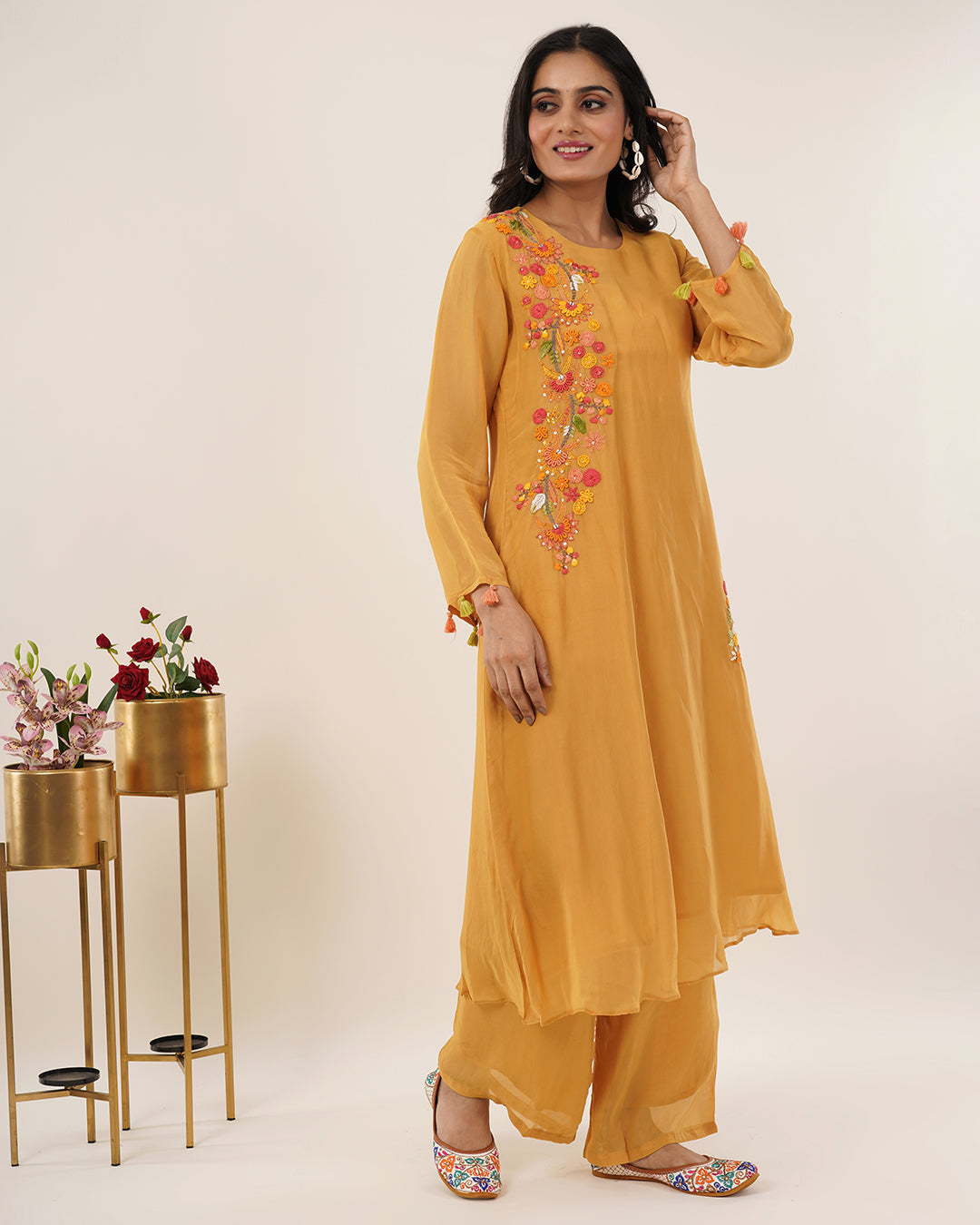 Mustard Yellow Floral Embroidered 2Pcs Kurta Set