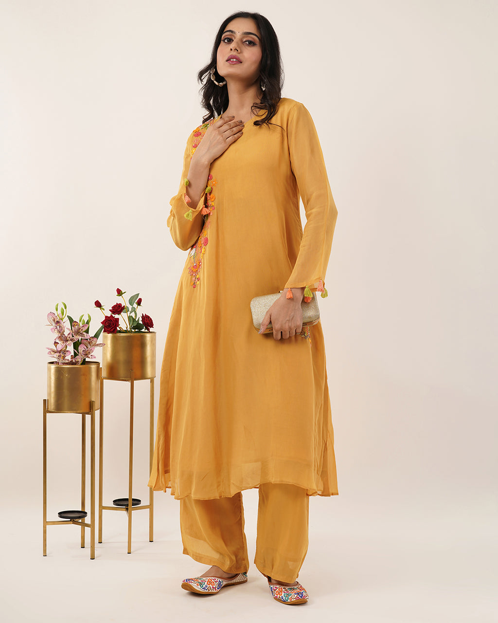 Mustard Yellow Floral Embroidered 2Pcs Kurta Set